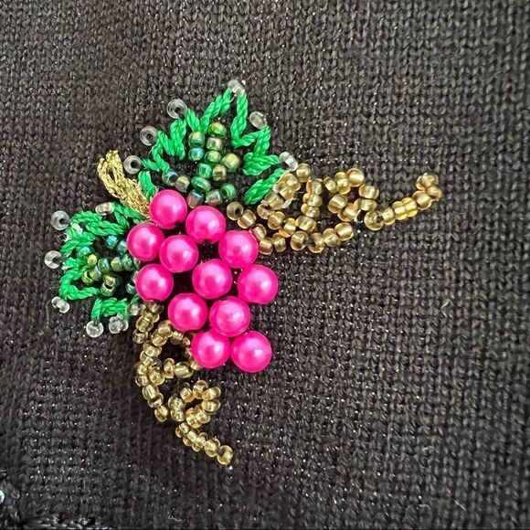 Vintage Cardigan with Beaded Grapes and Black Feather Collar Black + Purple S - Picture 6 of 8